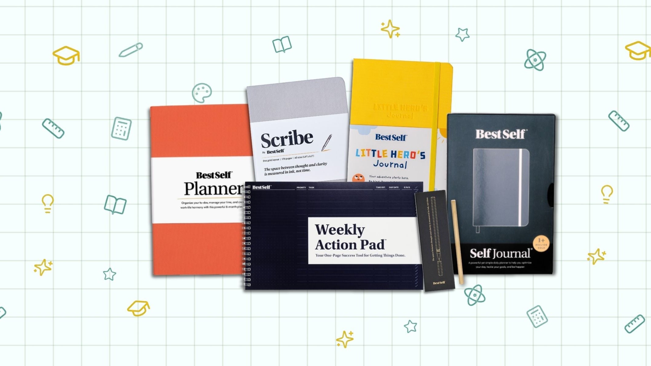 A bundle of BestSelf branded stationery products arranged on a white grid background with small decorative icons. The set includes an orange planner, a white Scribe notebook, a yellow Little Books Journal, a black Weekly Action Pad, and a black Self Journal.