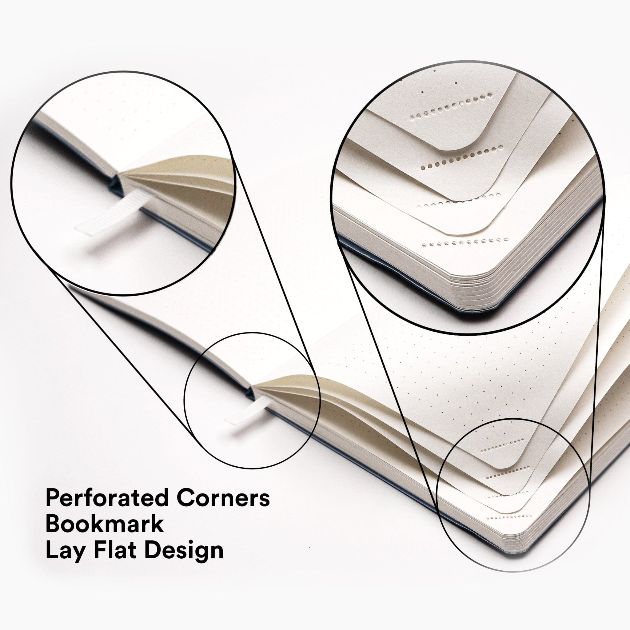 Scribe inner page with zoomed in corners that says "perforated corners", "bookmark", "lay flat design" 